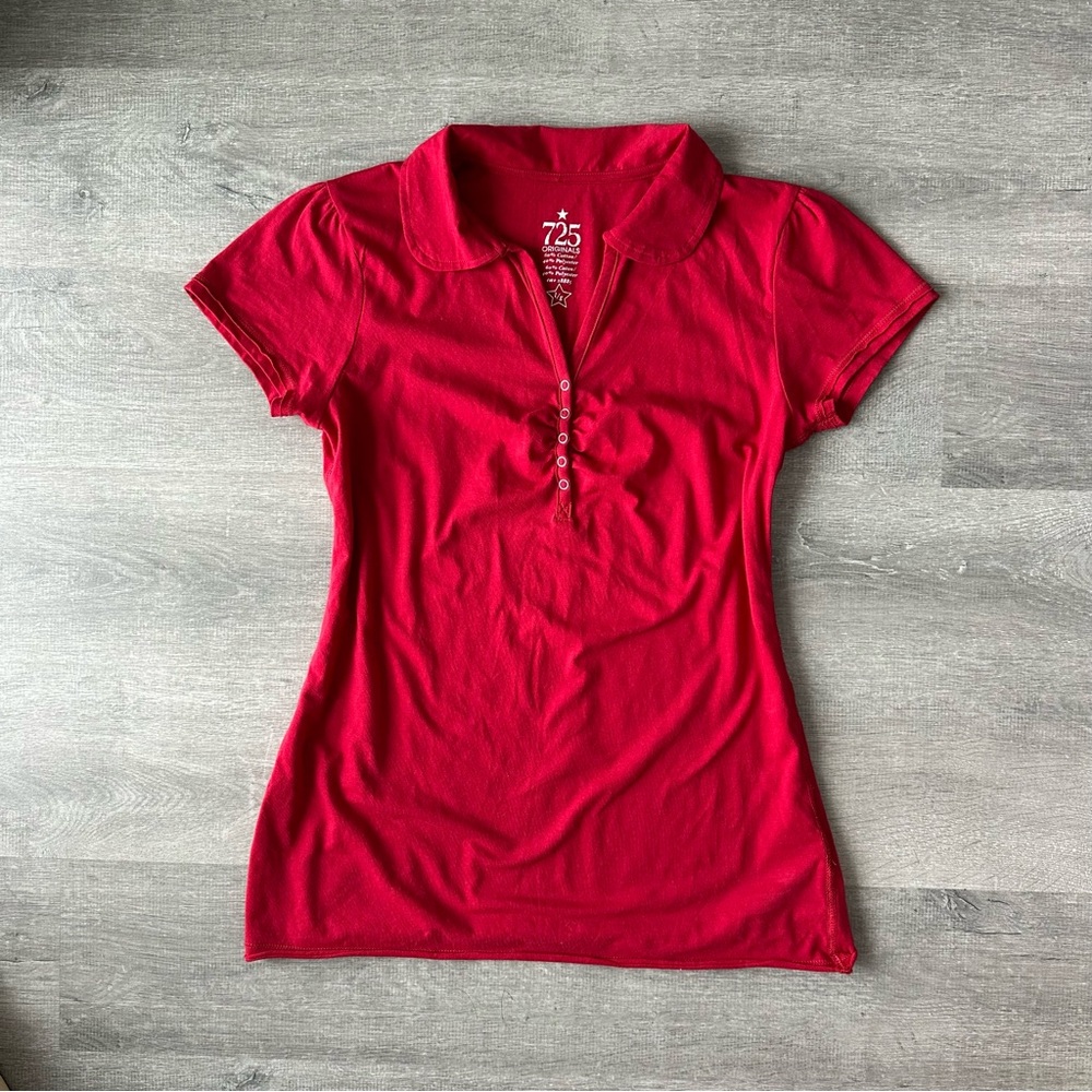 VINTAGE Style Red Henley Top 725 Originals Puff Sleeve Y2K